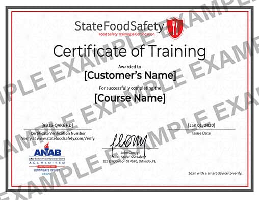 StateFoodSafety Example Certificate
