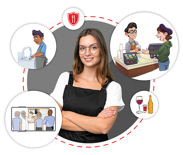 Woman surrounded by different training scenarios
